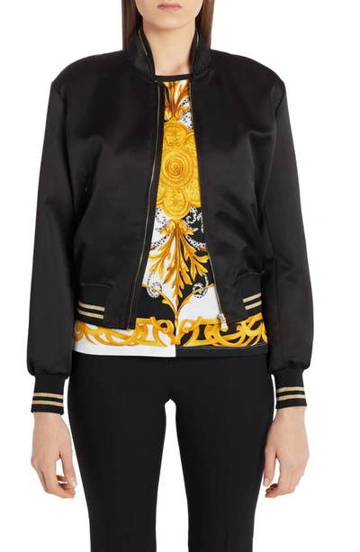 Shop Versace Embroidered Medusa Logo Back Satin Bomber Jacket In Black