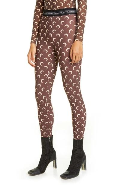 Shop Marine Serre Crescent Print Jersey Leggings In Brown With Tan Print