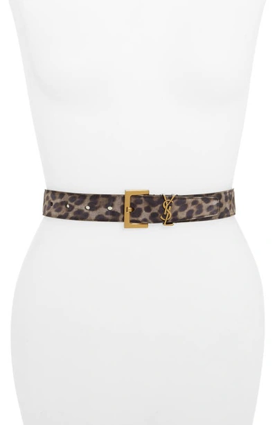 Shop Saint Laurent Ysl Monogram Leopard Print Leather Belt In Manto Grey Brown
