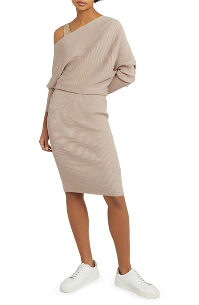 Shop Reiss Lara One-shoulder Long Sleeve Sweater Dress In Stone