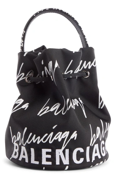 Shop Balenciaga Extra Small Wheel Logo Bucket Bag In Black/ White