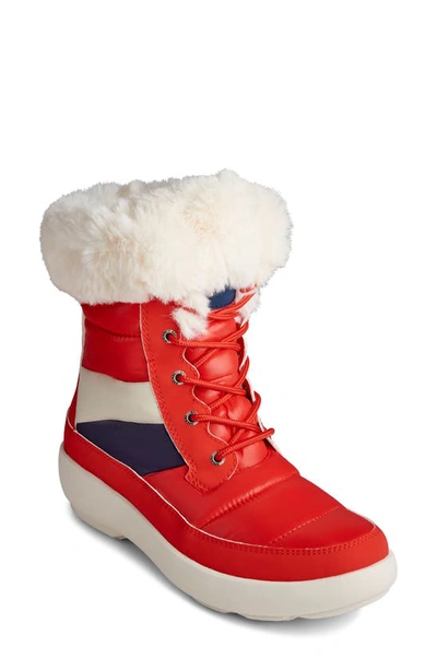 Shop Sperry Bearing Plushwave Faux Fur Winter Boot In Red Fabric