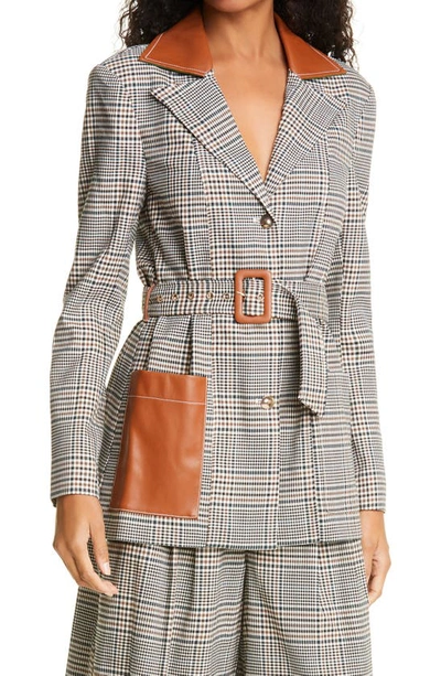 Shop Staud Paprika Glen Plaid Belted Jacket With Faux Leather Trim