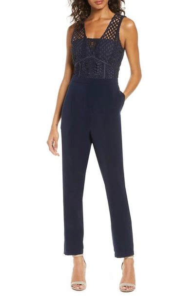 Shop Adelyn Rae Capri Lace Jumpsuit In Navy