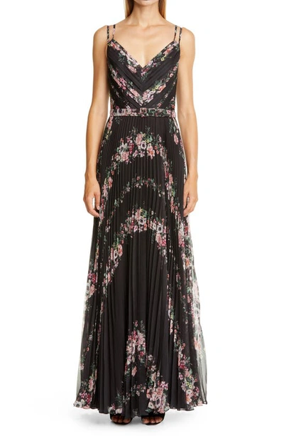 Shop Marchesa Notte Belted Pleated Chiffon Gown In Black