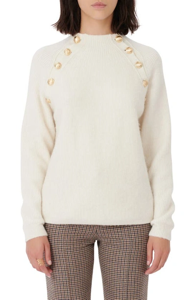 Shop Maje Button Detail Ribbed Sweater In Ecru