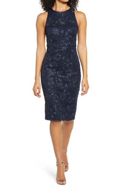 Shop Vince Camuto Sequin Lace Sleeveless Sheath Dress In Navy