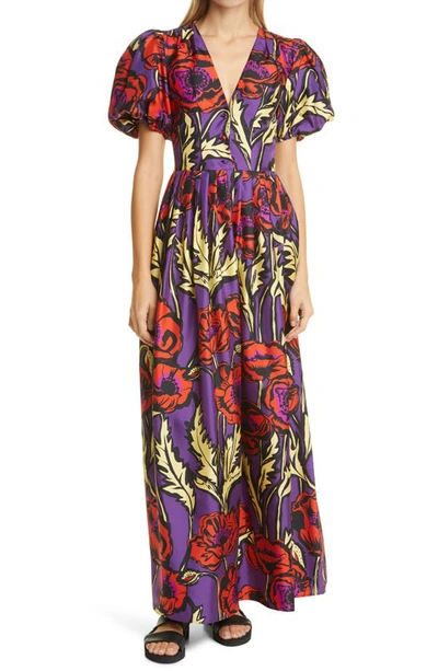 Shop La Doublej Persephone Puff Sleeve Silk Maxi Dress In Big Blooms Viola