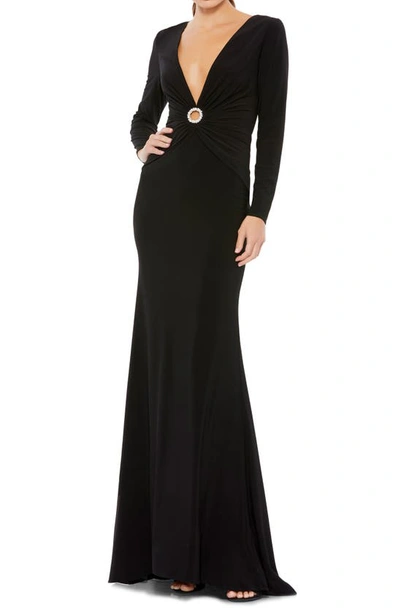 Shop Mac Duggal Plunge Neck Keyhole Long Sleeve Jersey Gown In Black