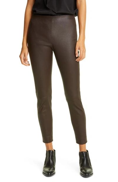 Shop Vince Stitch Back Leather Leggings In Chocolate