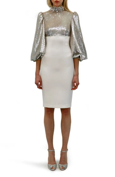 Shop Badgley Mischka Sequin High Neck Dress In Ivory Silver