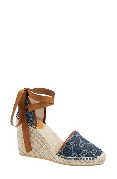 Shop Gucci Pilar Espadrille Wedge Sandal In Blue Tea
