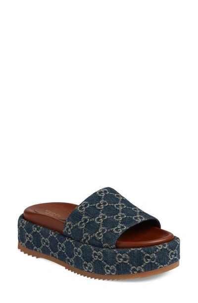 Shop Gucci Angelina Gg Logo Platform Slide Sandal In Blue Tea