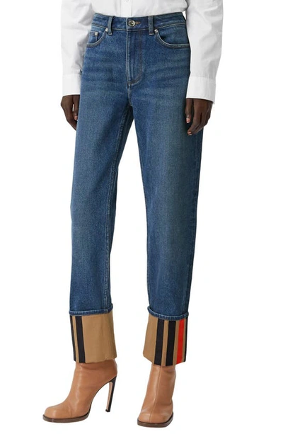 Shop Burberry Marissa Stripe Cuff Straight Leg Jeans In Mid Indigo Blue