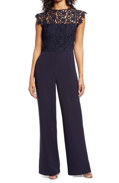 Shop Eliza J Lace Bodice Jumpsuit In Navy