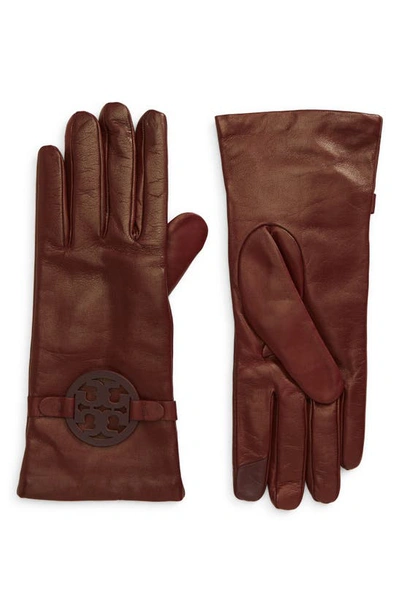Shop Tory Burch Miller T-logo Leather Gloves In Port