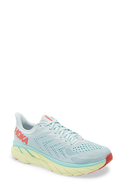 Shop Hoka One One Clifton 7 Running Shoe In Morning Mist / Hot Coral