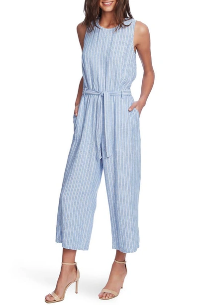 Shop Vince Camuto Tranquil Stripe Sleeveless Belted Jumpsuit In Lake