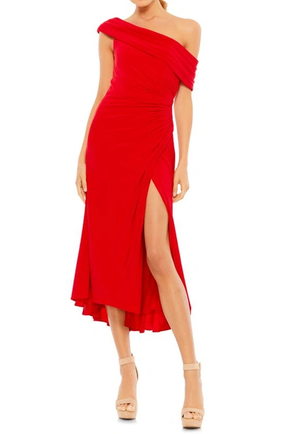 Shop Mac Duggal Foldover Ruched One-shoulder Chiffon Midi Dress In Red