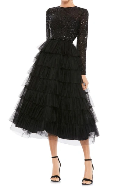 Shop Mac Duggal Sequin Tiered Long Sleeve Tulle Cocktail Dress In Black