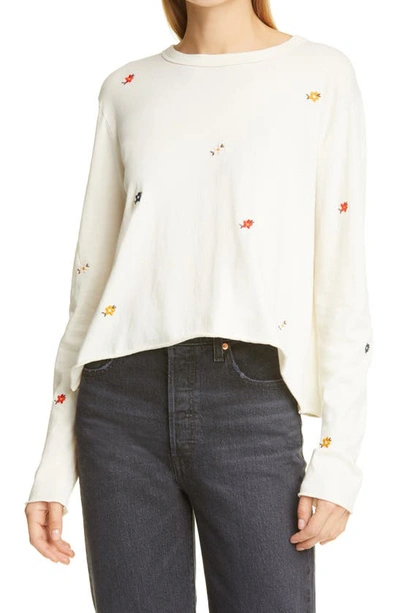 Shop The Great The Embroidered Boxy Long Sleeve T-shirt In Washed White