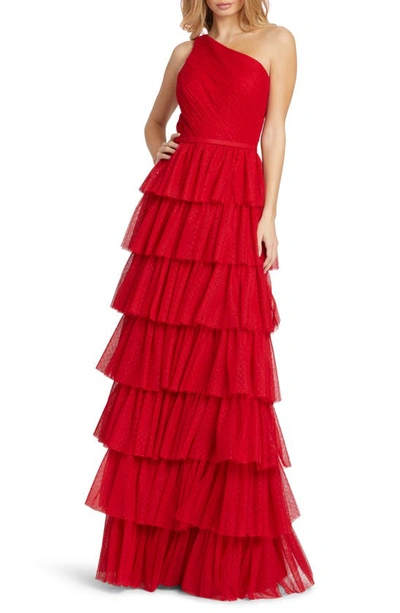 Shop Ieena For Mac Duggal Ruffled One-shoulder A-line Gown In Red