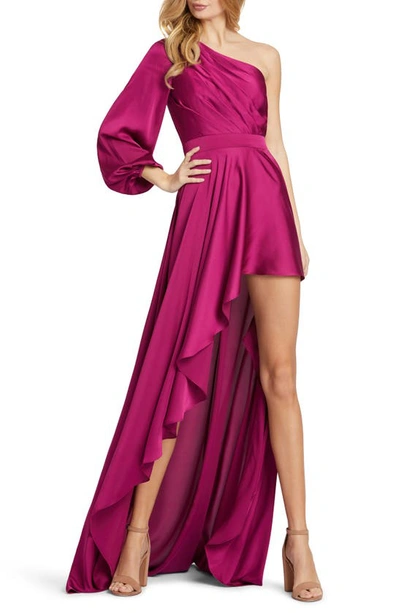 Shop Ieena For Mac Duggal One-shoulder Long Sleeve Satin High/low Gown In Berry