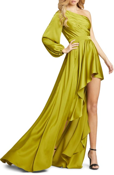 Shop Ieena For Mac Duggal One-shoulder Long Sleeve Satin High/low Gown In Chartreuse