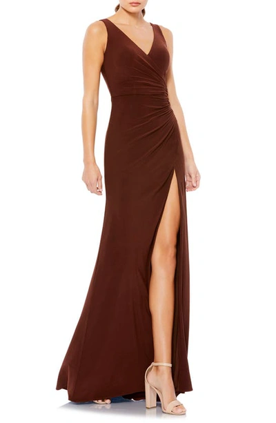 Shop Mac Duggal Ruched Jersey Gown In Chocolate