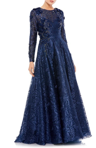 Shop Mac Duggal Floral Embroidered & Beaded Long Sleeve Mesh Gown In Midnight