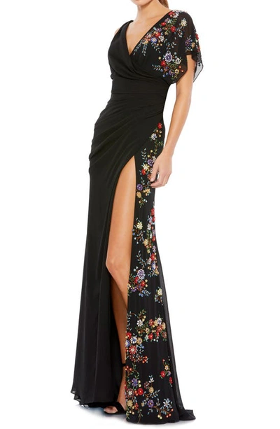 Mac Duggal Beaded Angel Sleeve Chiffon Gown In Black Multi | ModeSens