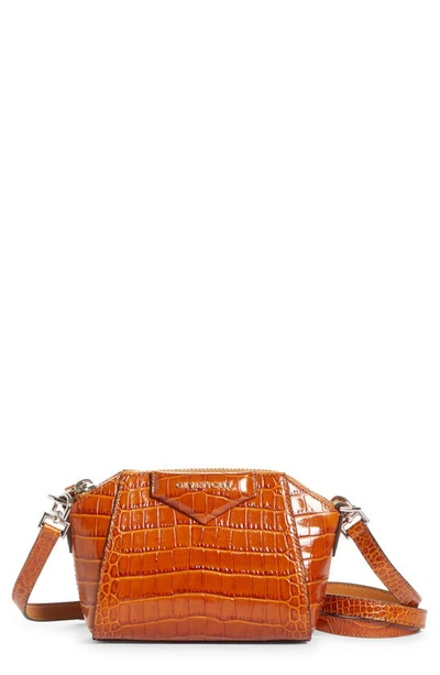 Shop Givenchy Nano Antigona Croc Embossed Leather Crossbody Bag In Tan