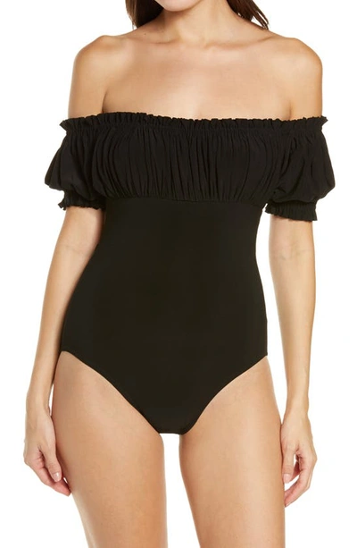 Shop Norma Kamali Jose Empire Off The Shoulder One-piece Swimsuit In Black