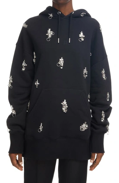 Shop Givenchy Oversize Crystal Embellished Cotton Hoodie In Black/ Silver Grey