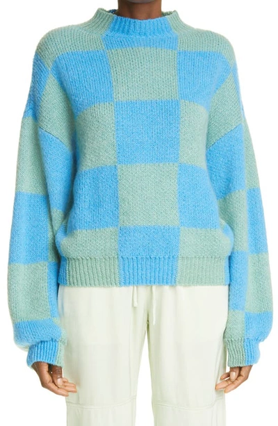 Shop Stine Goya Adonis Checkerboard Balloon Sleeve Sweater In Aqua