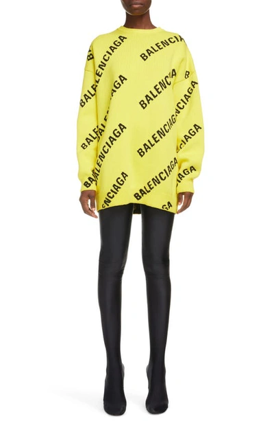 Shop Balenciaga Logo Intarsia Oversize Crewneck Sweater In Yellow/ Black