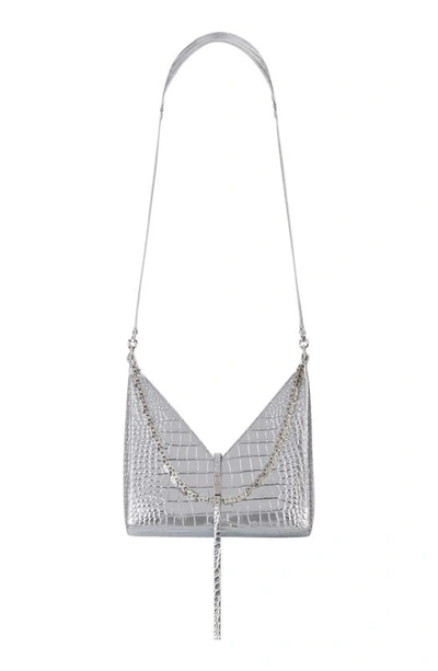 Shop Givenchy Small Cut-out Croc Embossed Metallic Leather Shoulder Bag In Silvery