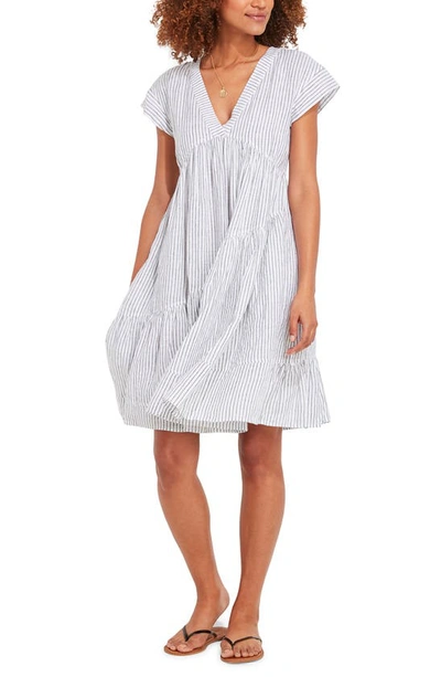 Shop Vineyard Vines Jet Stripe Tiered Linen Dress In Jet Stripe White