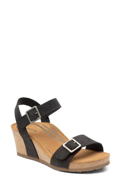 Shop Aetrex Lexa Wedge Sandal In Black Nubuck Leather
