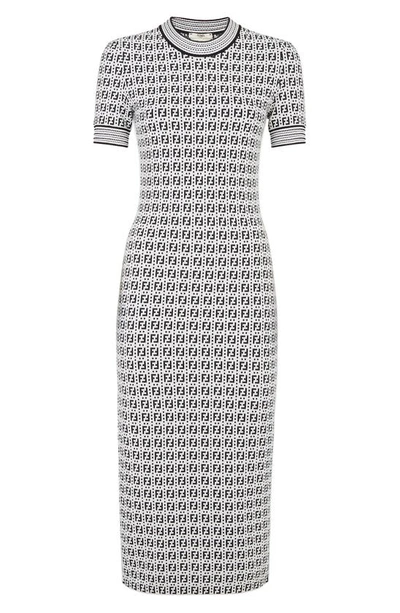 Shop Fendi Ff Logo Jersey Sheath Midi Dress In White