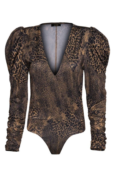 Shop Afrm Zuri Long Sleeve Bodysuit In Tan Animal