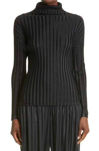 Shop Issey Miyake Pleated Long Sleeve Turtleneck In Black