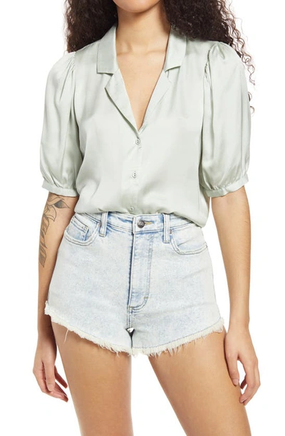 Shop Lulus Sweet And Chic Silk Blend Satin Short Sleeve Button-up Shirt In Sage Green