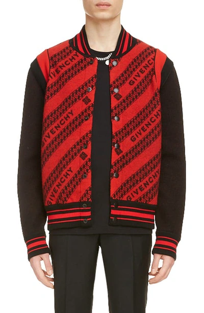 Shop Givenchy Jacquard Logo & Chain Link Wool Bomber Jacket In Red/ Black