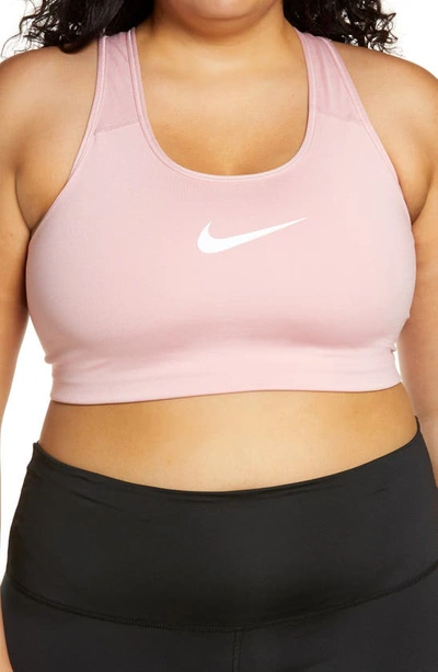 Shop Nike Dry Swoosh Bold Sports Bra In Pink Glaze/ Pure/ White