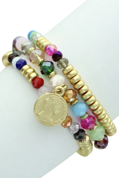 Shop Olivia Welles Calista Layered Beaded Coin Charm Bracelet In Burnished Gold-multi