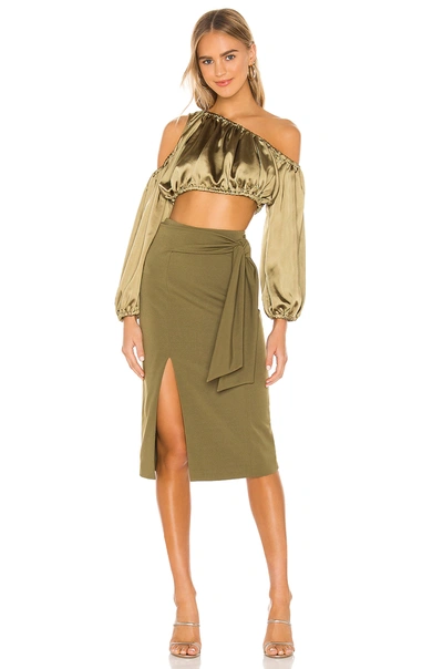 Shop Alice And Olivia Riva Slit Midi Skirt In Olive