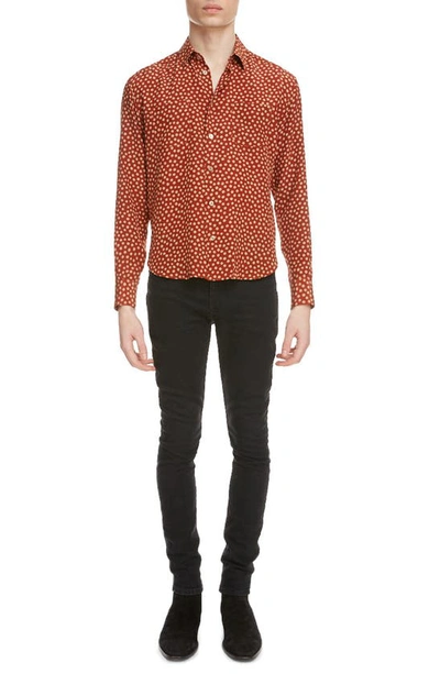 Shop Saint Laurent Fawn Polka Dot Long Sleeve Silk Button-up Shirt In Red