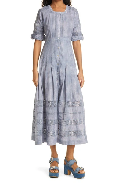 Shop Loveshackfancy Edie Lace Inset Midi Dress In Washed Denim Hand Dye