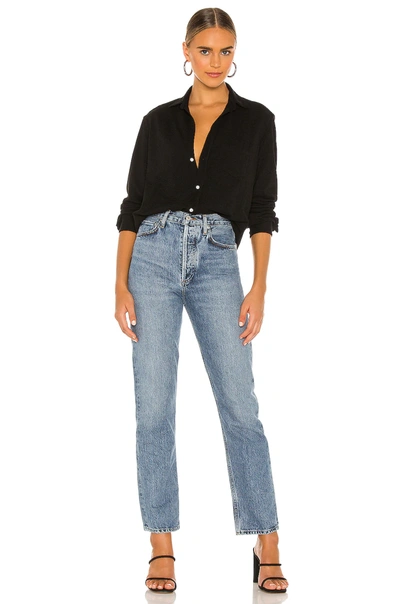 Frank & Eileen Barry Long-sleeve Button-down Frayed-hem Shirt In Black